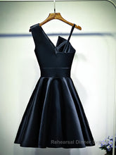 A Line One Shoulder Short Black Semi Formal Prom Dresses, Short Black One Shoulder Formal Graduation Dresses